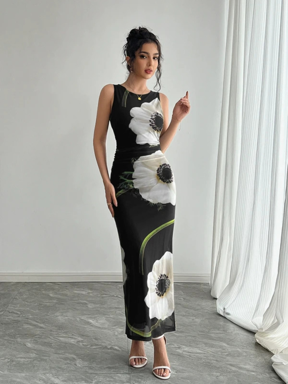 ZARA Women Spring Summer Black Mesh Print Sleeveless Maxi Dress